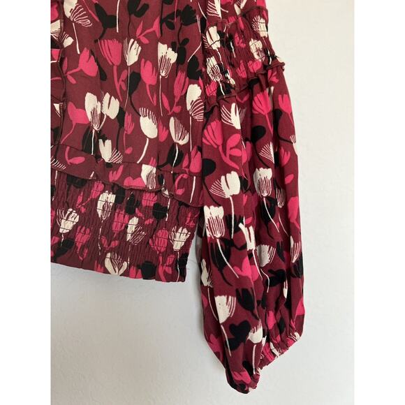 CABI Poppy Floral Blouse Sz M Ruffle Split Neck Balloon Sleeves Ruche Waist Boho - Picture 3 of 12